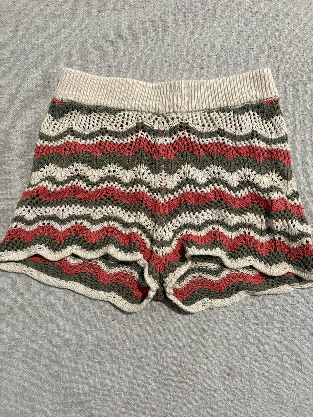 Crochet Wave-Stripe Women's Shorts - Cream, Olive & Pink